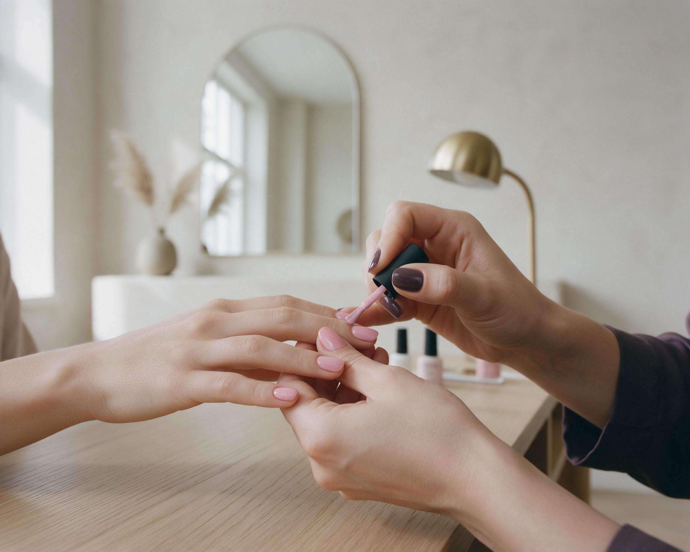 Close-up van handen tijdens een manicure: een nagelstylist brengt met een penseel zachte roze gellak aan op de nagels van een klant