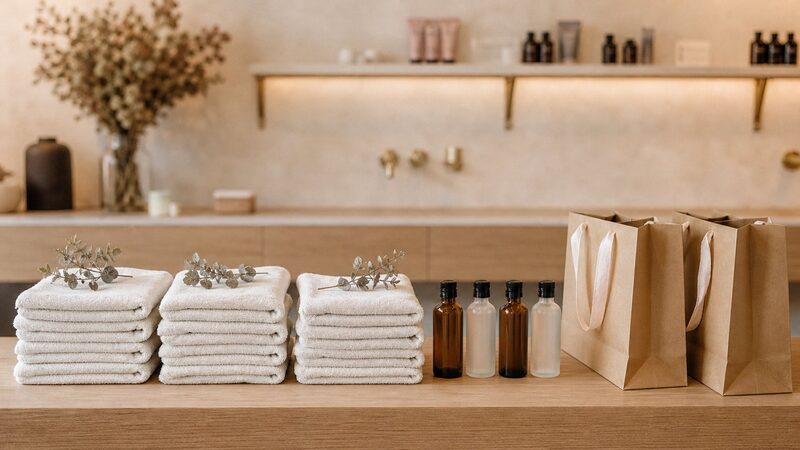 Netjes opgevouwen handdoeken met eucalyptus, glazen flesjes en kraftpapieren cadeauzakjes klaar voor een groepsboeking