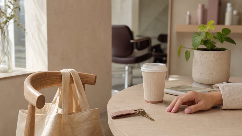 Een canvas tas aan een houten stoel en een hand met lichtroze nagels op tafel naast een koffiebeker en sleutels