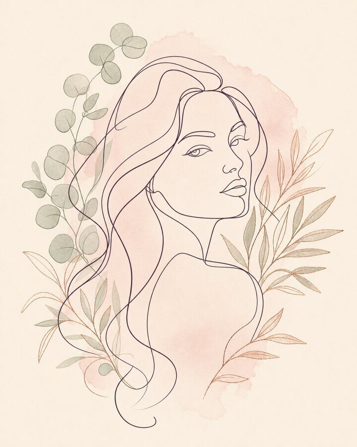 Lijntekening van een vrouw met lang golvend haar, omringd door eucalyptus- en olijftakken in zacht groen en roségoud