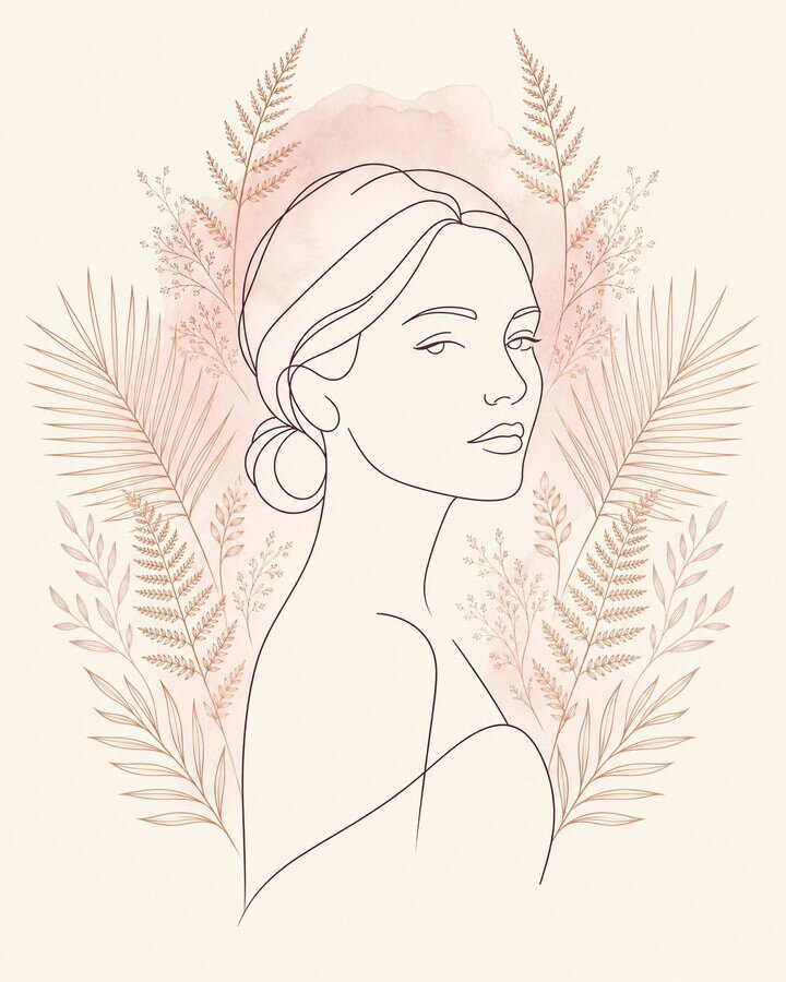 Lijntekening van een vrouw met een strak opgestoken knot, omringd door symmetrische varens en palmbladeren in roségoud