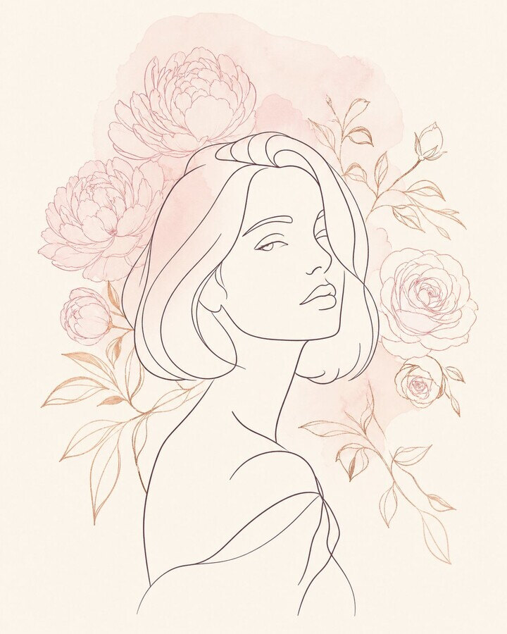Lijntekening van een vrouw met een bob-kapsel, omringd door pioenrozen en rozen in zacht roze en roségoud