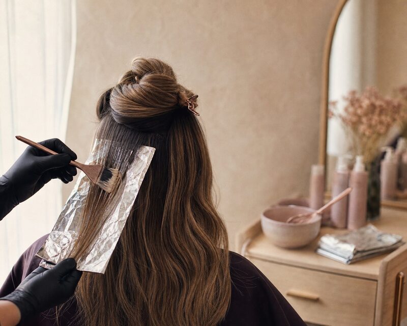 Een kleurspecialist brengt met een tintenbustel warme caramelkleur aan op een streng haar boven aluminiumfolie