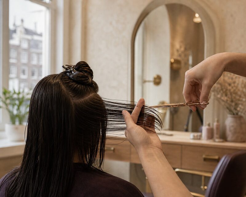 Een kapper knipt een sectie donker haar met een schaar, gezien vanaf de achterkant van het hoofd